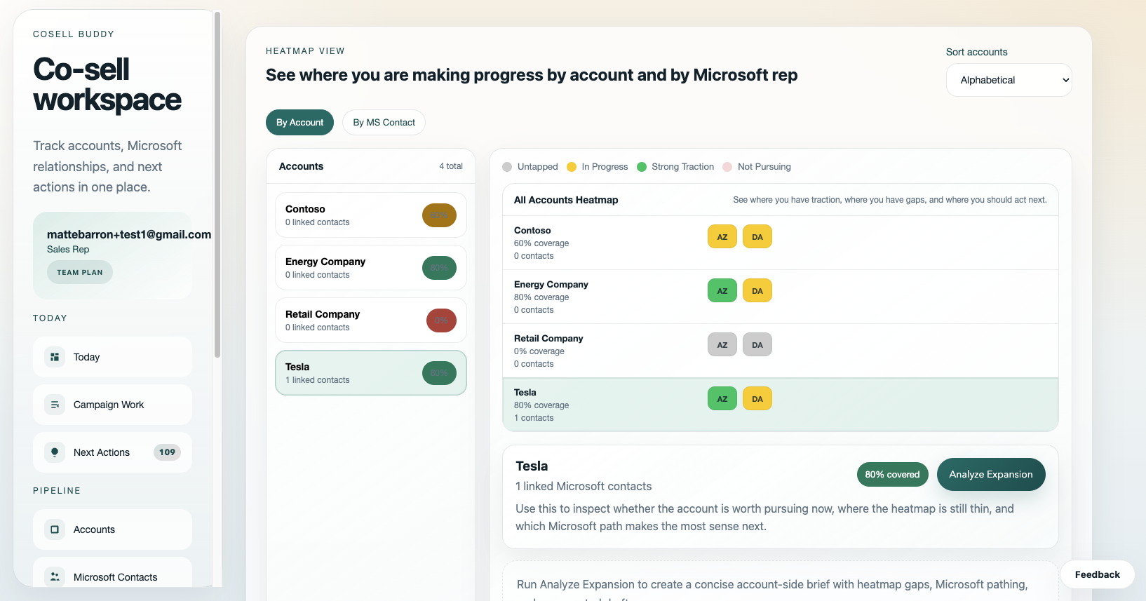 Co-Sell Buddy heatmap view showing account traction and Microsoft relationship progress